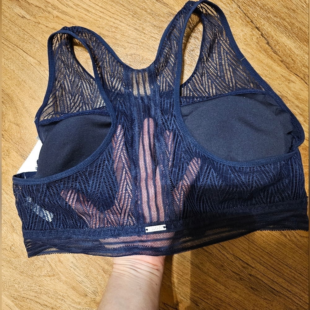 IZOD Navy Blue Geometric Lace Layering Lounge Bralette Racerback NWT Size L - Picture 4 of 5